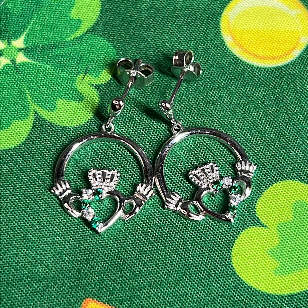 ShanOre Irish 925 Diamond Emerald Claddagh Earrings